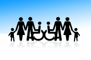 Plakát rodiny se členem na invalidním vozíčku.
