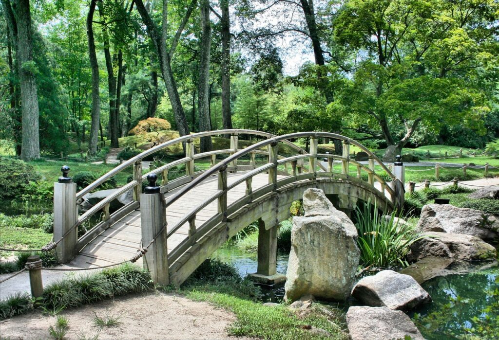 Mosto přes potok uprostřed lesního parku.