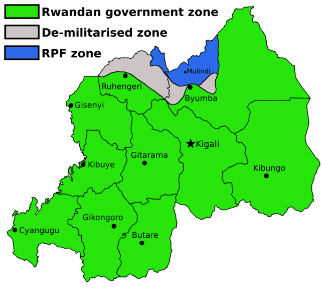 Mapa - rozdělení Rwandy po ofenzivě RPF v r.1993 - Mezinárodní den genocidy ve Rwandě