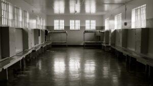 Pochmurná věznice s lavicemi po pravé a levé straně.