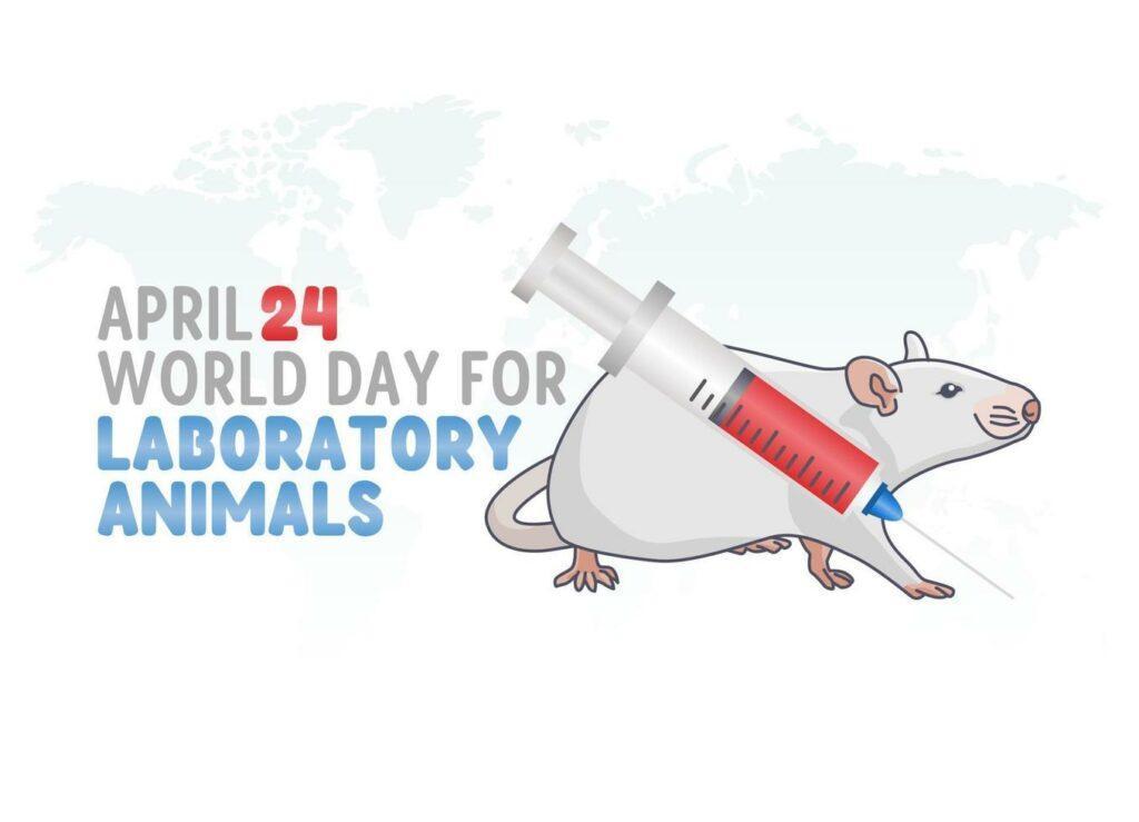 Laboratorní myš přeskrtnutá injekcí s textem - Světový den laboratorních zvířat