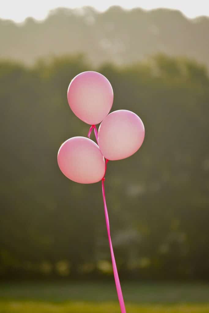 3 růžové balónky letící krajinou.