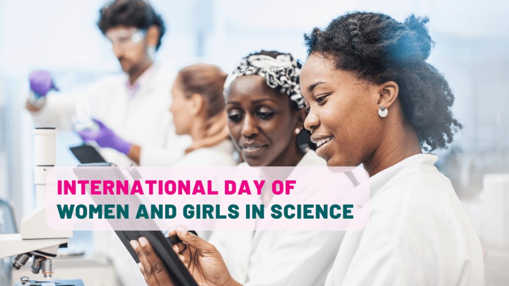 Vědci- tři ženy a jeden muž s textem "Mezinárodní den žen a dívek ve vědě".
