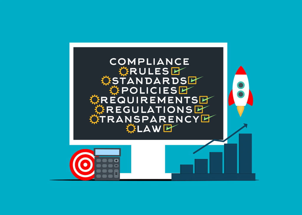 Počítač na které jsou napsané názvy jako: Compliance, rules, standards, policies, requirements, regulations, transparency,law.