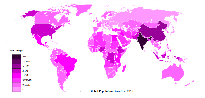 Statistika populačního růstu v zemích po celém světě v roce 2016.