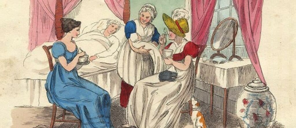 Ilustrace porodu v 19. století.