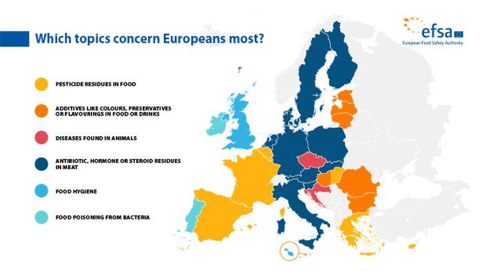 Mapa znázorňující potíže s bezpečností potravin v jednotlivých evropských zemích.